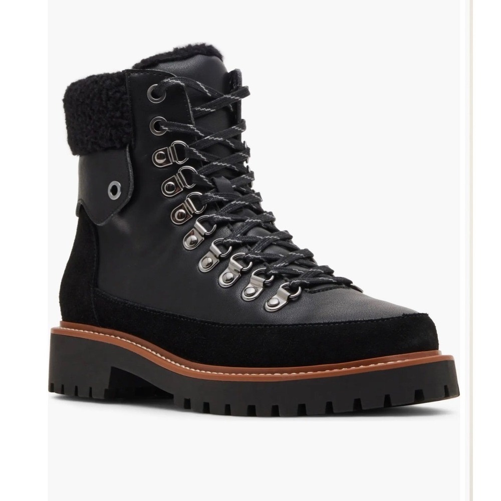 ALDO Gloadia Black Leather Suede Faux Shearling Lug Sole Combat Boots Sz 8.5